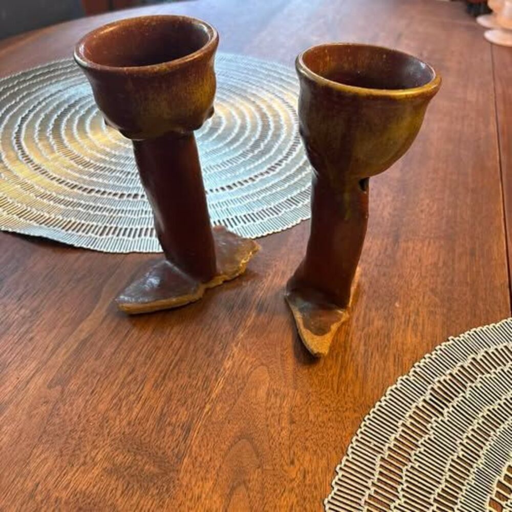 Pair of Handmade Brutalist Studio Pottery Candlestick Holders